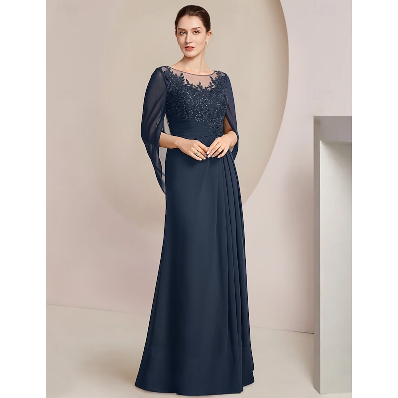 Sheath Dress Mother of the Bride Dress Elegant Jewel Neck Floor Length Chiffon Half Sleeve with Lace Side-Draped Solid Color2
