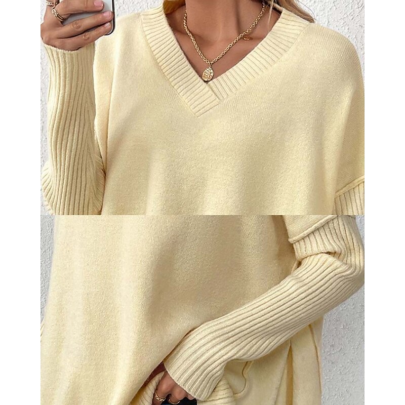 Women's Sweater Elegant Fashion Daily Solid Color V Neck Knitted Long Sleeve Long Tops Knit Work Black Yellow Fall Winter3