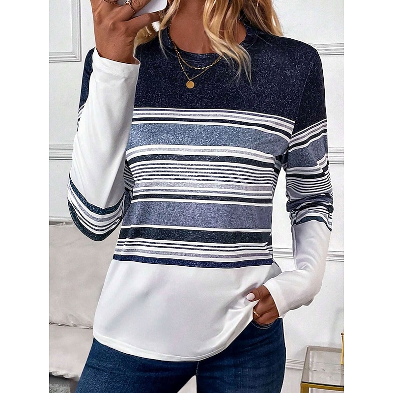 Women's T shirt Long Sleeve Crew Neck Long Sleeve Tunic Striped Casual Regular Tops Daily Print Blue Spring Fall Prefall