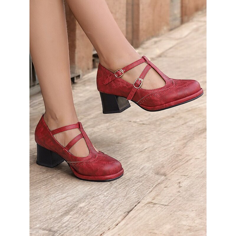 Women's Vintage Red Mary Jane Heels – Double Buckle Strap, Retro Block Heel, Perfect for Formal and Casual Occasions3