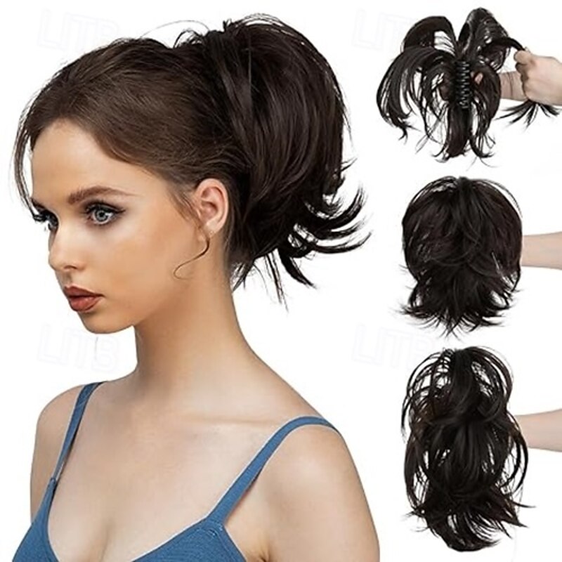Claw Clip Short Ponytail Hair Extensions Bendable Metals Messy Bun Hair piece Wavy Curly Fake Hairpieces