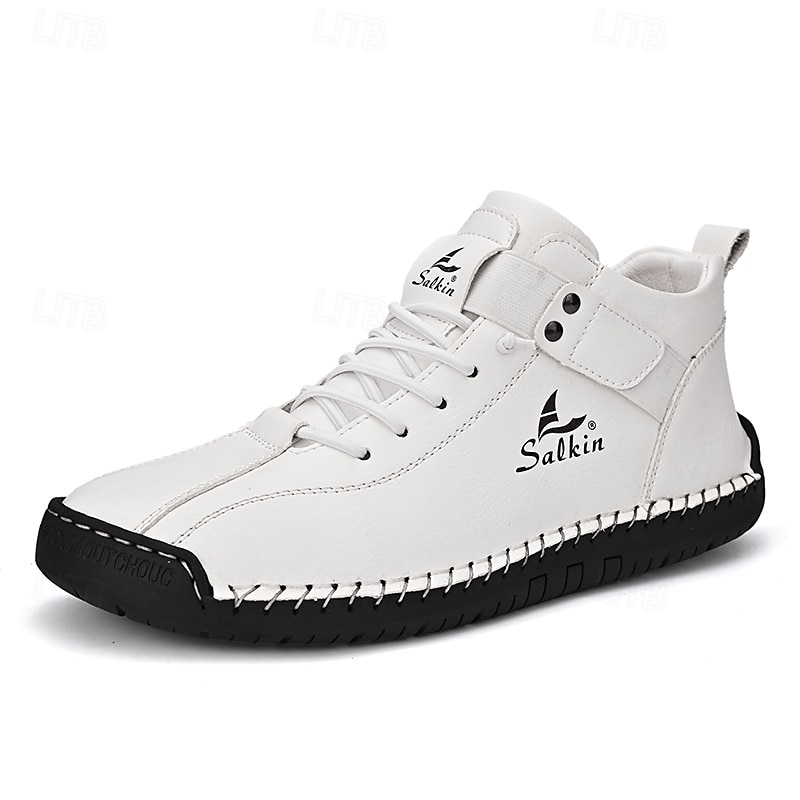 Men's White Faux Leather High-Top Ankle Boots – Handcrafted Stitching, Lace-Up Design with Velcro Strap, Rugged Non-Slip Sole for Outdoor and Casual Wear2