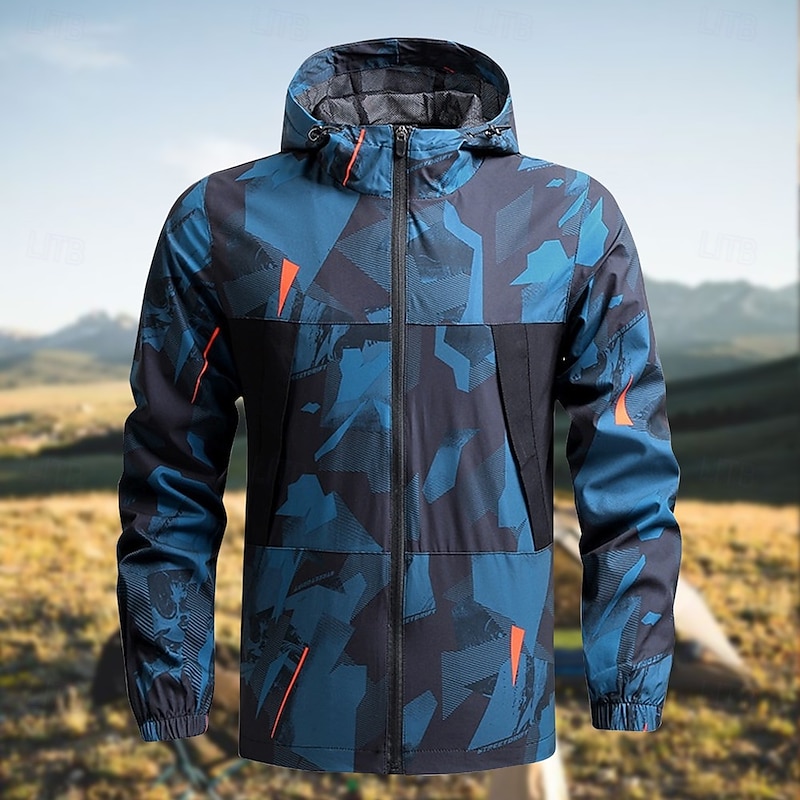 Men's Softshell Jacket Hiking Jacket Outdoor Camouflage Sun Protection Windproof Quick Dry Jacket Hoodie Full Zip Traveling Black Blue Grey