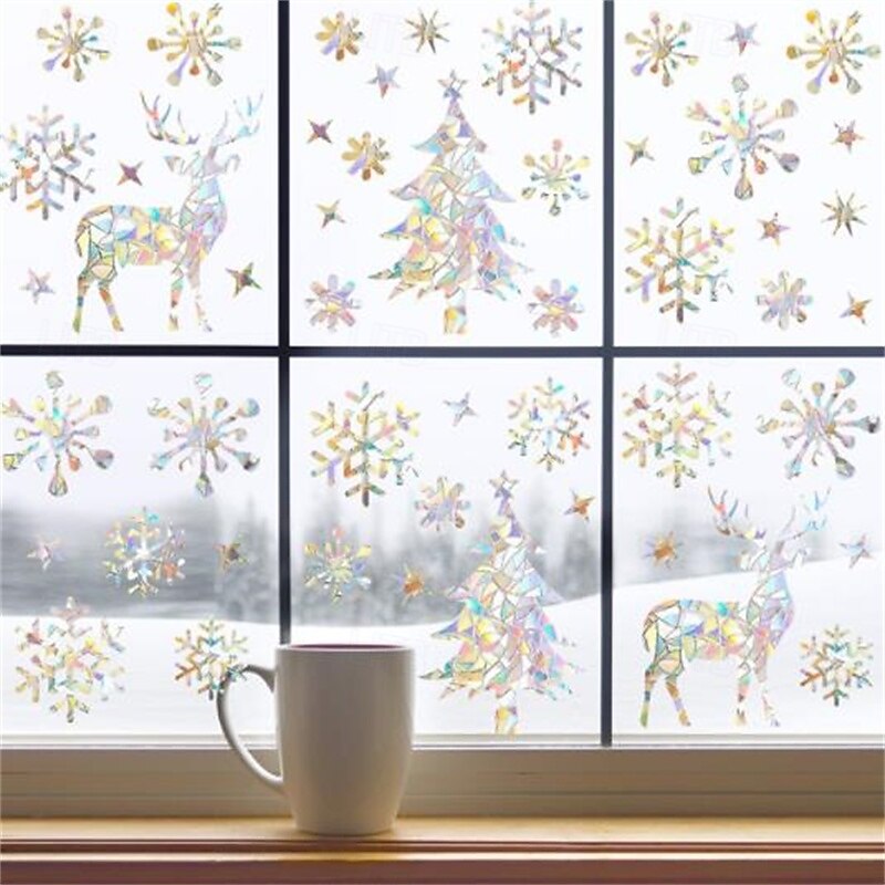 2PCS Christmas Snowflake Laser Glass Stickers, Colorful Window Stickers, Festive Snowflake Decorative Glass Decals