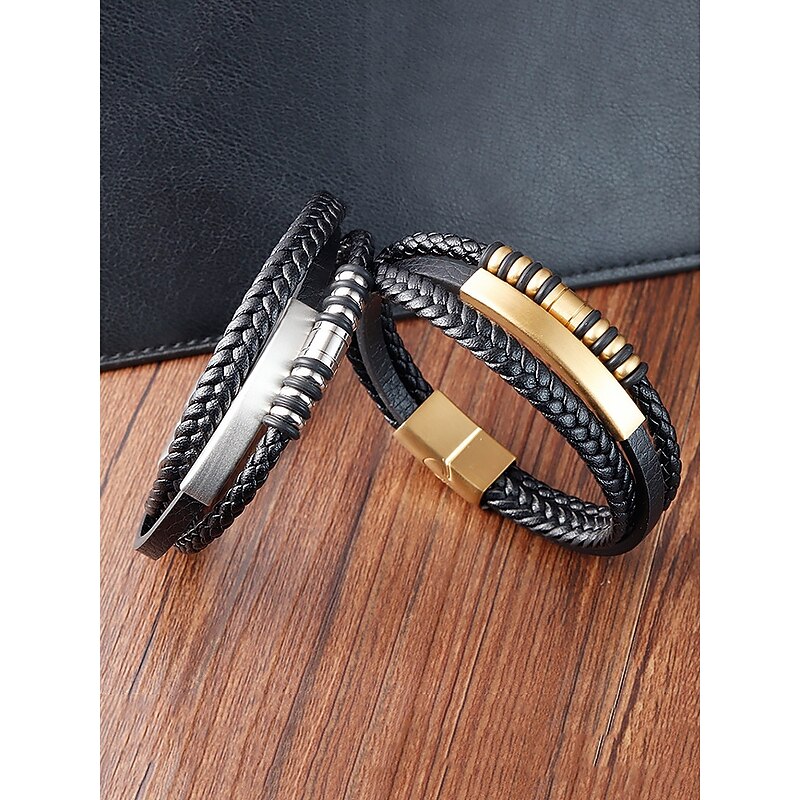 Men's Black Braided Faux Leather Bracelet with Gold Magnetic Clasp – Modern Casual Wristband with Beaded Accents, Perfect for Everyday Wear and Gifts2