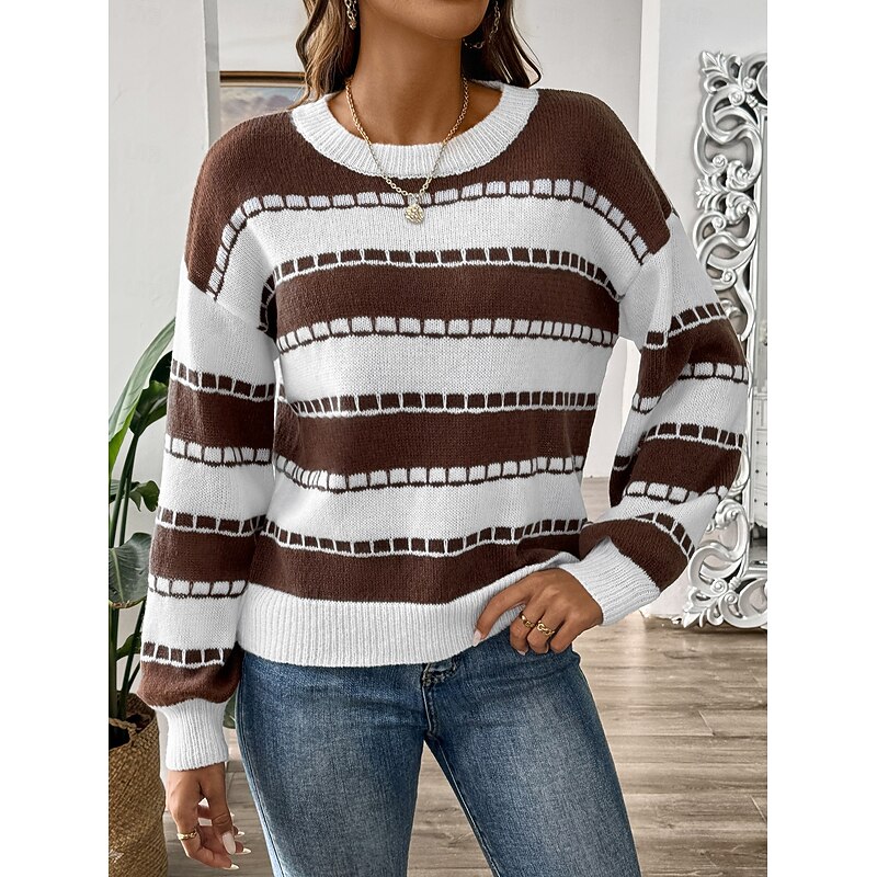 Women's Sweater Casual Graphic Striped Crew Neck Knitted Long Sleeve Regular Tops Knit Home Work Daily Black Brown Fall Winter3