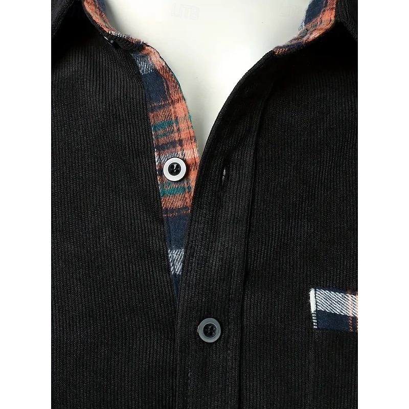 Men's Shirt Corduroy Shirt Overshirt Plaid Outdoor Street Black Navy Blue Brown Green Long Sleeve Collar Winter Spring &  Fall Clothing Apparel4