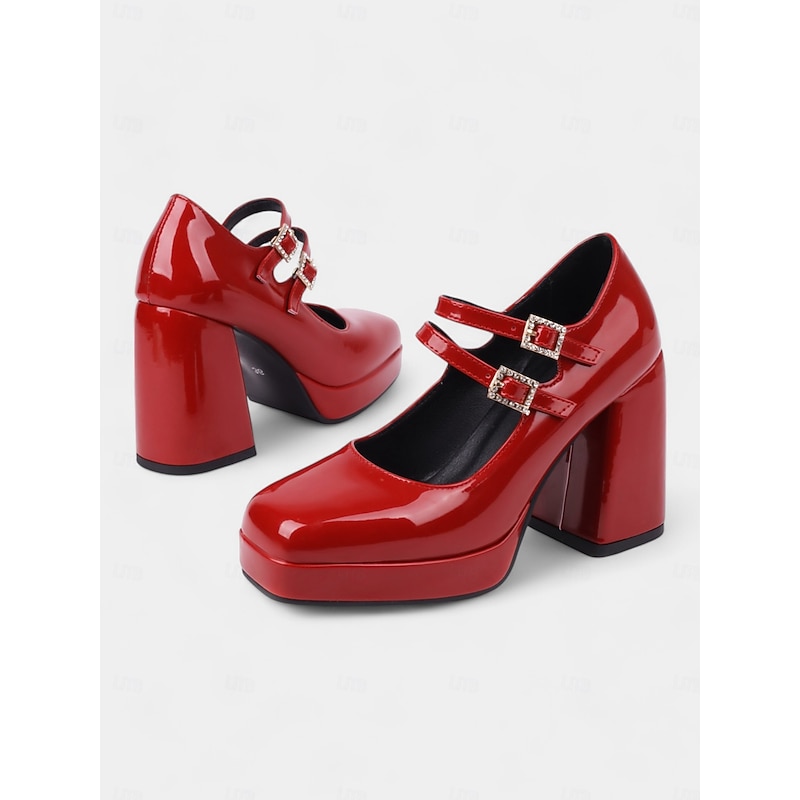 Women's Retro Patent Faux Leather Chunky Mary Jane Pumps with Double Strap – Fashion Block Heel Shoes for Vintage-Inspired Party or Casual Outfits