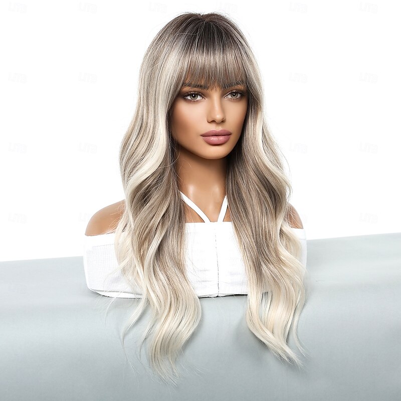 Synthetic Wig Uniforms Career Costumes Princess Curly Wavy Middle Part Layered Haircut With Bangs Machine Made Wig 24 inch Light Brown Synthetic Hair Women's Cosplay Party Fashion Brown3