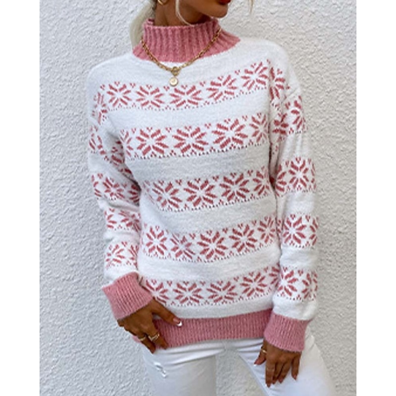 Women's Knitted Snowflake Sweater High Neck Long Sleeve Ribbed Texture White Light Blue Winter Festive Holiday Regular Fit Clothing Apparel4