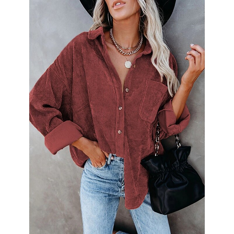 Women's Blouse Solid Color Casual Long Sleeve Shirt Collar Vacation Going out Pocket White Wine Orange Green Fall Winter3