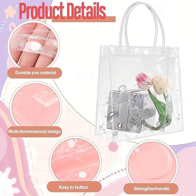 20pcs Reusable Clear Plastic Gift Tote Bags - Premium PVC Gift Wrap Bags for Parties and Events - Durable, Water-Resistant, and Reusable (7.87" X 7.87" X 3.15") for Halloween, Christmas, Wedding, Birt4
