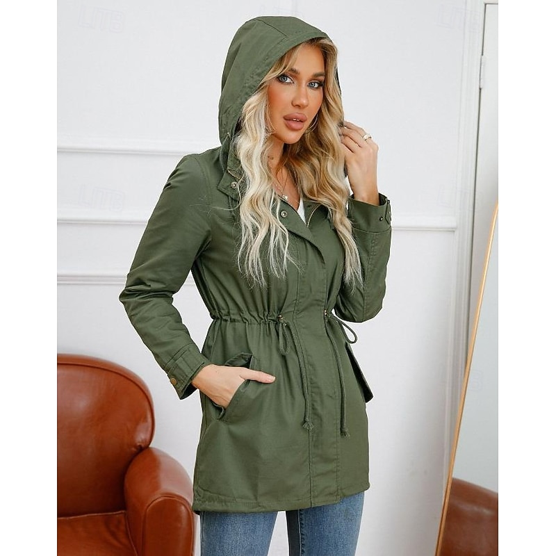 Women's Winter Coat Waterproof Windproof Zipper Outdoor Solid Color Work Casual Zipper Hoodie Loose Fit Long Sleeve Outerwear Black Green Khaki Winter4