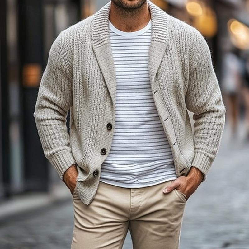 Men's Cardigan Ribbed Chunky Knit Regular Pocket Solid Color Shawl Lapel Knitwear Elegant Home Work Clothing Apparel Bishop Sleeve Spring Fall khaki M L XL