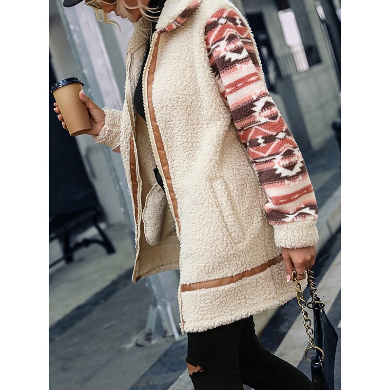 Women's Fleece Jacket Teddy Coat Hoodie Jacket Warm Breathable Zipper Pocket Fleece Lined Vintage Casual Geometric Vacation Street Daily Wear Going out Zipper Long Turndown Regular Fit Long Sleeve3