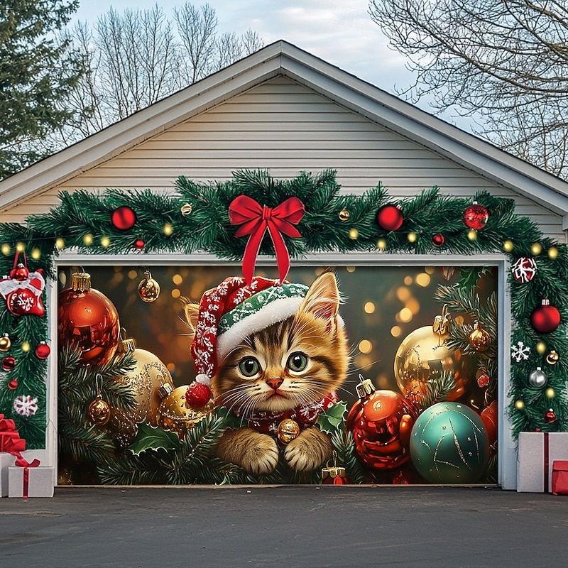Christmas Outdoor Garage Door Cover Xmas Banner Cat Ornaments Large Christmas Backdrop Decoration for Holiday Outdoor Garage Door Home Wall Decorations