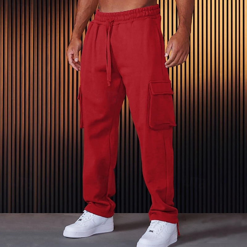 Men's Sweatpants Joggers Trousers Cargo Sweatpants Drawstring Elastic Waist Straight Leg Plain Comfort Warm Full Length Sports Outdoor Casual Daily Fashion Cute Black Red