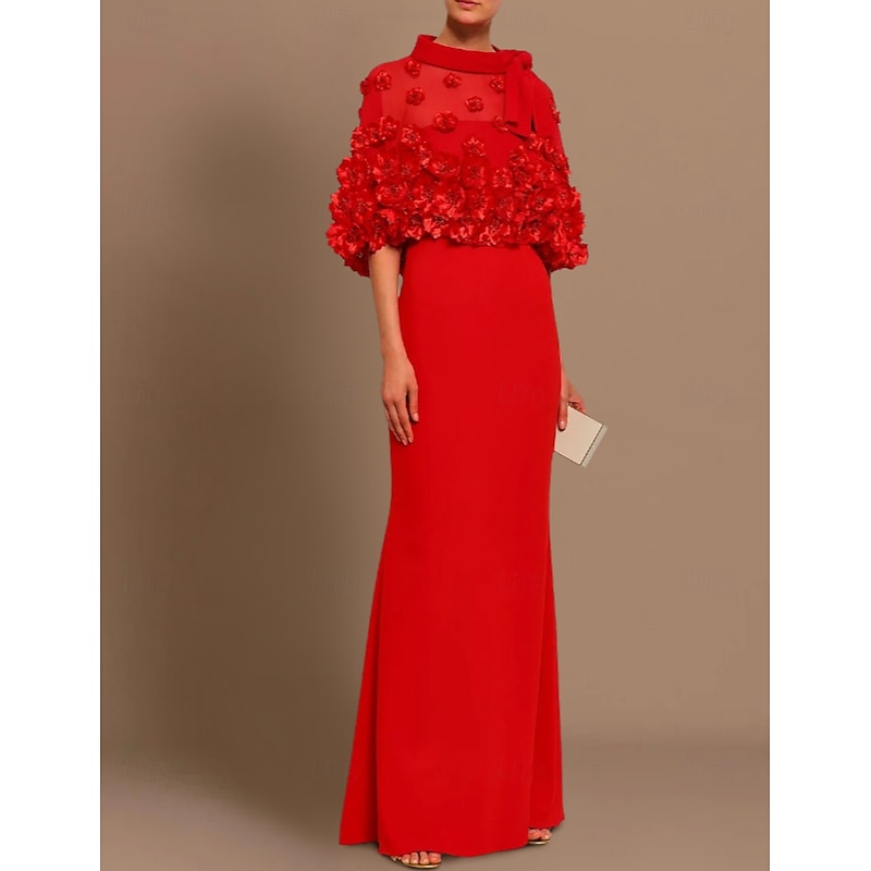 Sheath Evening Gown Elegant Dress Wedding Guest Formal Evening Floor Length Half Sleeve Jewel Neck Fall Wedding Reception  with Pleats