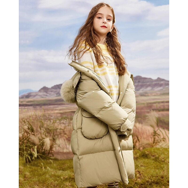 Kids Girls' Down Coat Puffer Jacket Solid Color Fashion Pocket School Coat Outerwear 4-12 Years Fall Black Army Green4