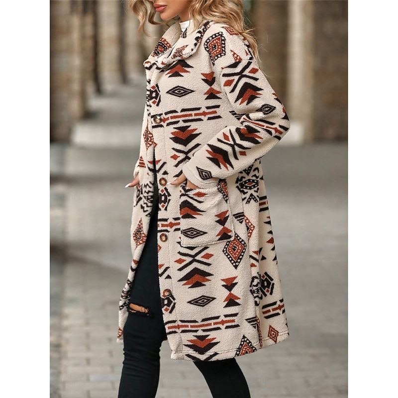 Women's Fleece Jacket Teddy Coat Warm Breathable Buttons Pocket Fleece Lined Vintage Casual Geometric Vacation Street Daily Wear Going out Single Breasted Long Turndown Regular Fit Long Sleeve4