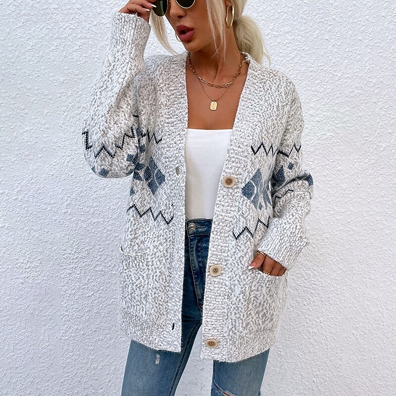 Women's Ugly Cardigan Open Front Knit Knitted Textured Fall Winter New Year Fashion Streetwear Daily Long Sleeve Snowflake Pink Light Grey4
