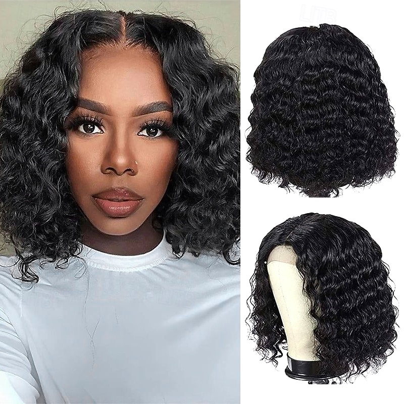 13x4 Lace Front Short Bob Free Part Brazilian Hair Deep Wave Natural Wig 150% Density with Baby Hair Natural Hairline