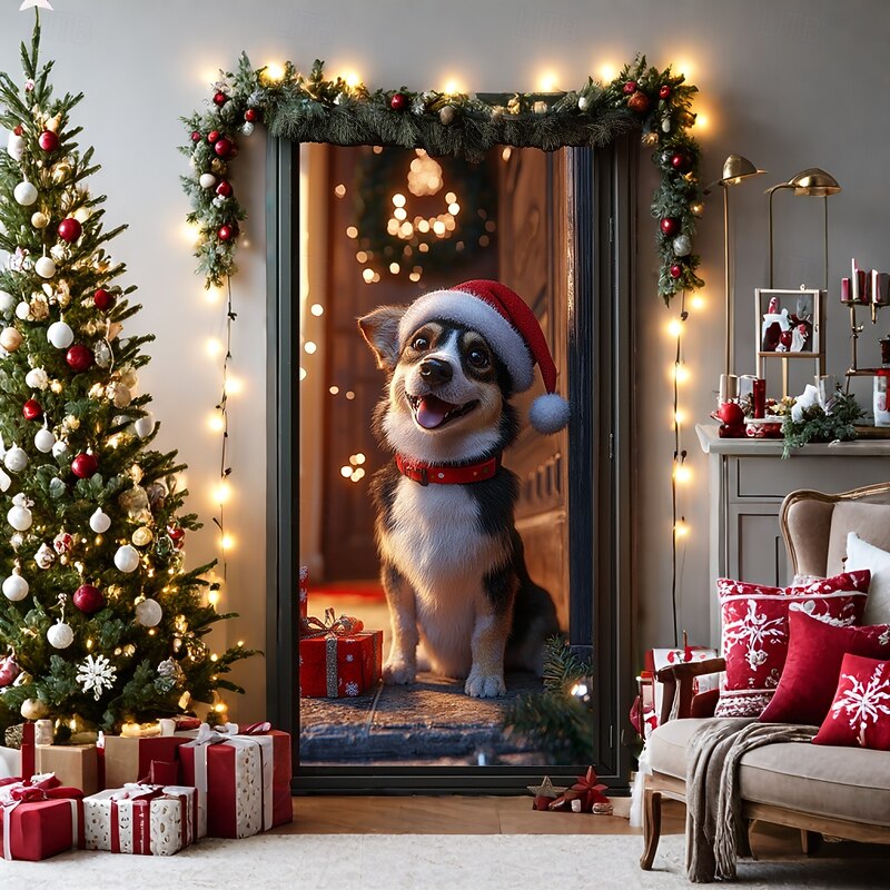 Christmas Door Decorations Door Covers Cute Dog Door Tapestry Door Curtain Decoration Backdrop Door Banner for Front Door Farmhouse Christmas Holiday Party Decor Supplies Gift Indoor/Outdoor2