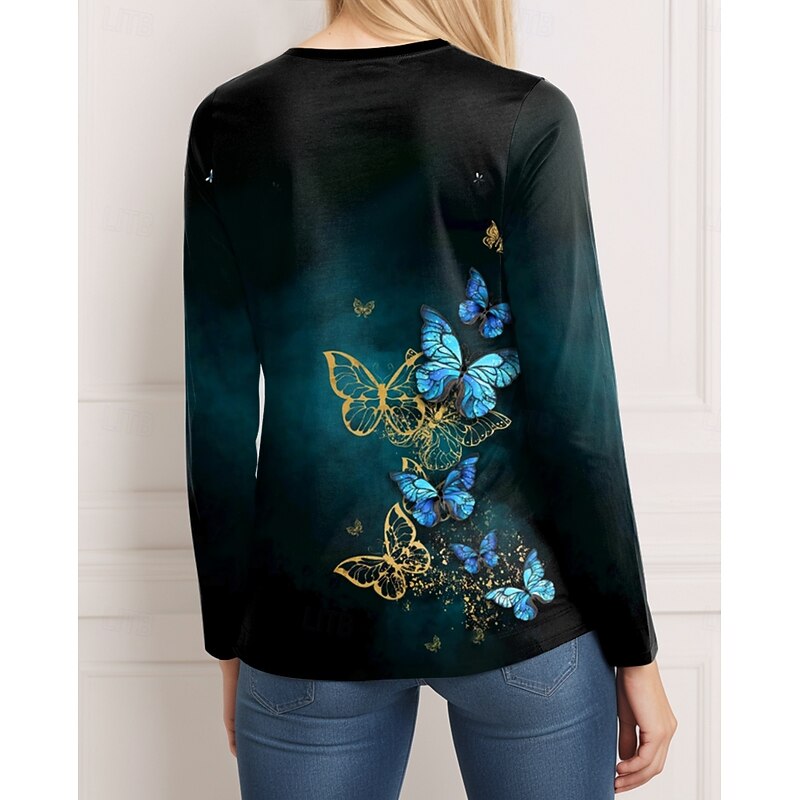 Women's T shirt Long Sleeve Casual Print Regular Tops Daily Black Spring Fall Prefall2