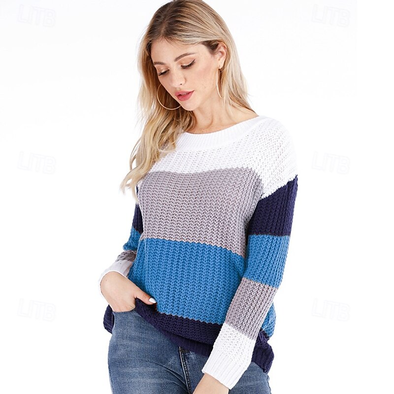 Women's Sweater Fashion Daily Color Block Crew Neck Knitted Long Sleeve Regular Tops Knit Work Blue Fall Winter2