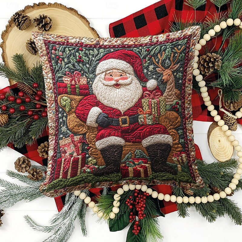 Christmas Decorations Decorative Toss Pillows Cover Quilting Art Santa 1PC Soft Square Cushion Case Pillowcase for Bedroom Livingroom Sofa Couch Chair4