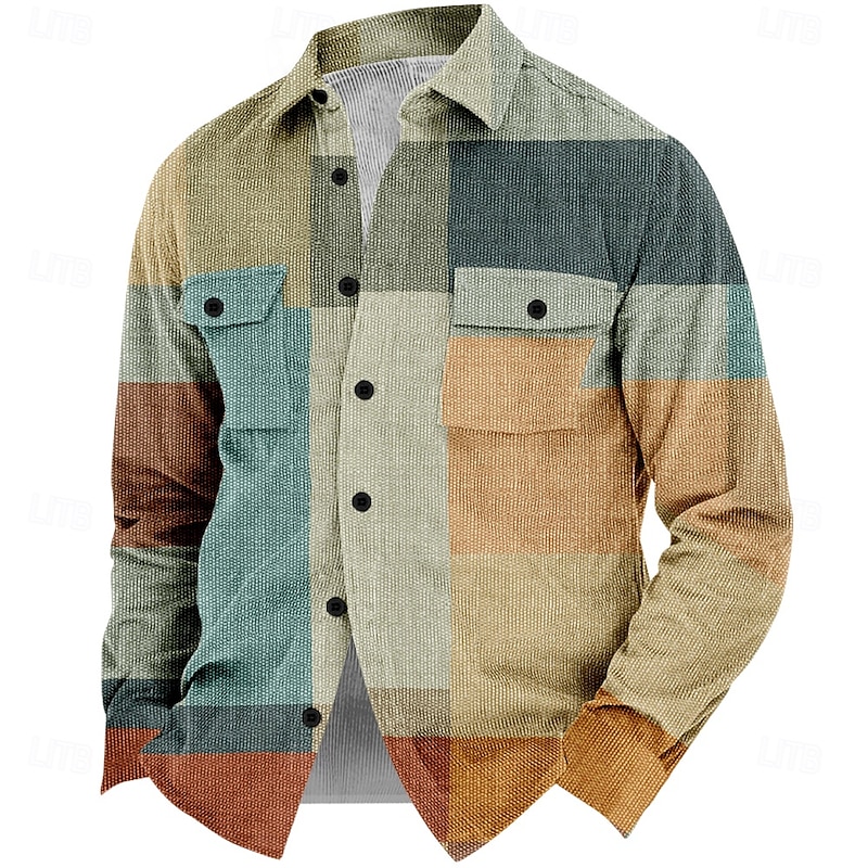 Men's Plaid Geometric Pattern Corduroy Shirt Shirt Jacket Overshirt Long Sleeve Vintage Casual Formal Dailywear Fall & Winter Turndown Collared Shirts Buttons 3D Print 2 Pockets 1pc Army Green