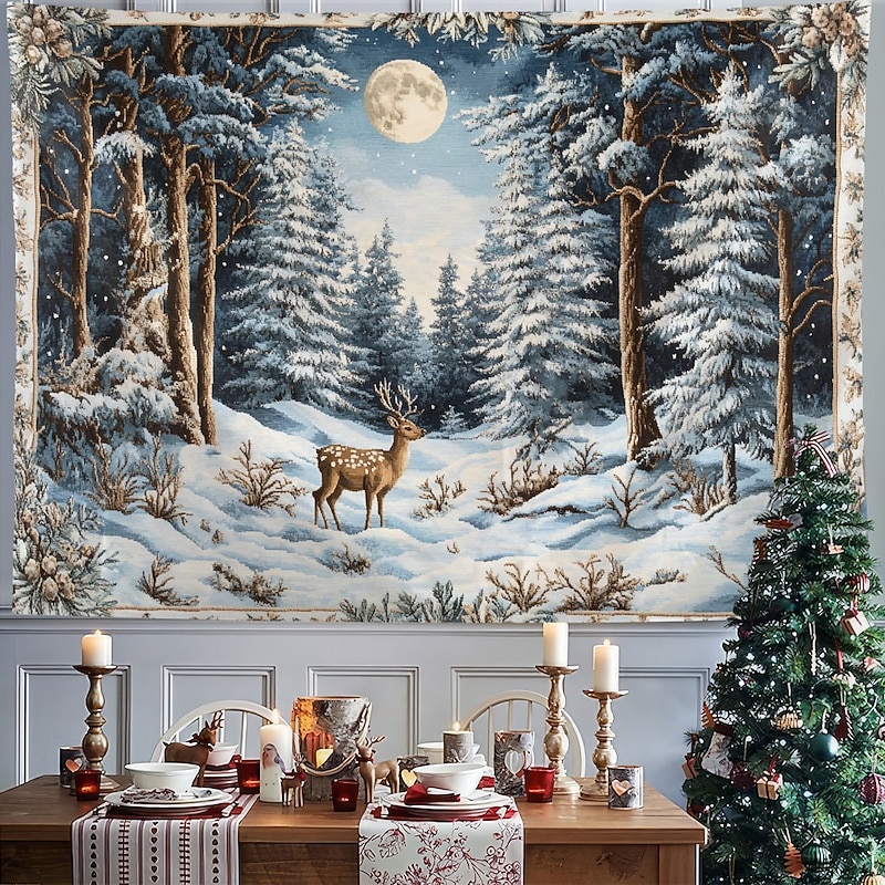 Hanging Tapestry Snow Reindeer Wall Art Large Tapestry Mural Decor Photograph Backdrop Blanket Curtain Home Bedroom Living Room Decoration3
