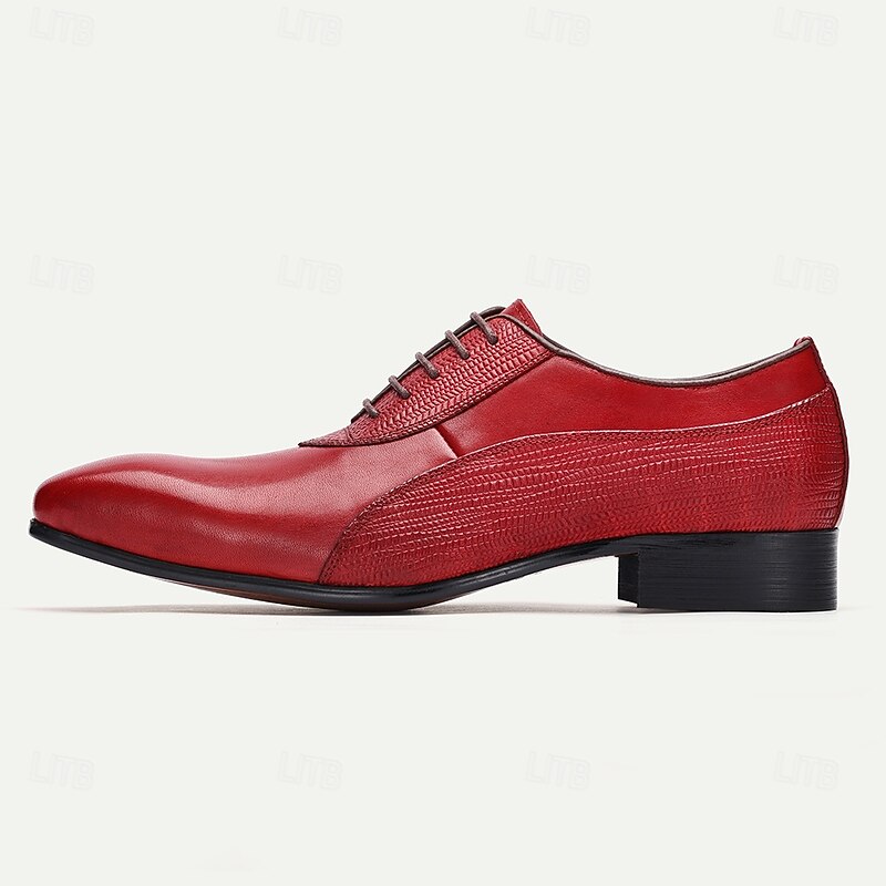 Men's Red Premium Cowhide Oxford Shoes - Classic Lace-Up Formal Leather Dress Shoes with Textured Details for Christmas,Special Occasions3