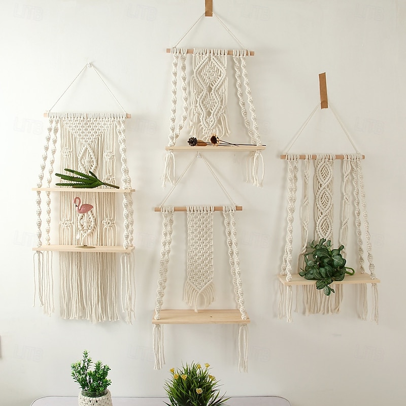 Macrame Wood Floating Shelves Handmade Woven Bohemian Wall Shelves Tapestry Cotton Woven Rope Hanging Shelves Decorative Storage Racks Holder Organizer Boho Decor For Home Bedroom Bathroom Plants