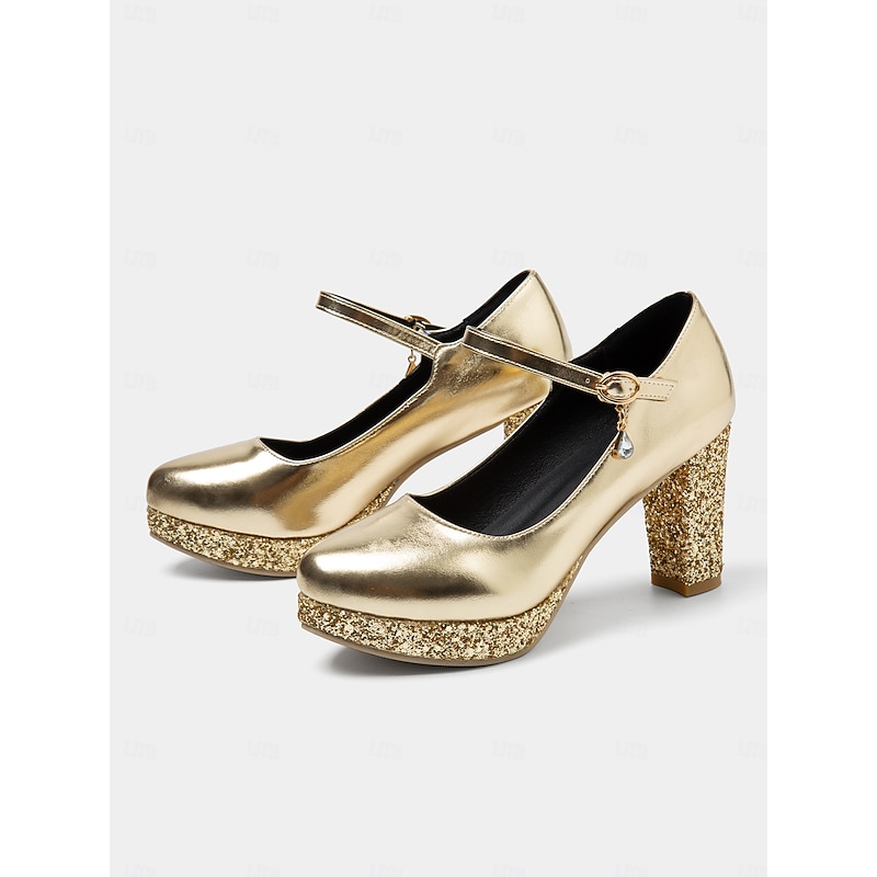 Women's Gold Glitter Block Heel Mary Jane Pumps – Sparkly Platform Party Shoes for Weddings and Formal Events