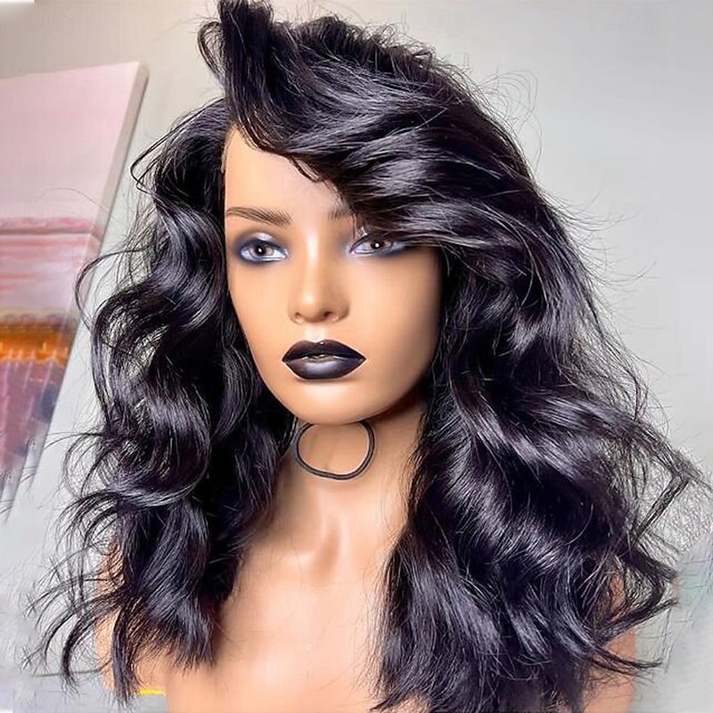 Remy Human Hair 13x4 Lace Front Wig Side Part With Bangs Brazilian Hair Wavy Black Wig 130% 150% Density 100% Virgin Glueless Pre-Plucked For Women Long Human Hair Lace Wig