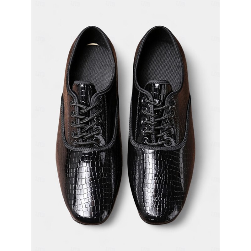 Men's Black Crocodile Pattern Lace-Up Dance Shoes with Glossy Finish, Perfect for Ballroom and Latin Dance Performances3