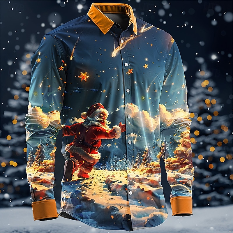 Christmas Men's Santa Claus Shirt Button Up Shirt Long Sleeve Artistic Casual Party Evening Wear Daily Fall Winter Spring & Summer Shirt Collar Button Up 3D Print Blue Ink Blue Dark Blue4