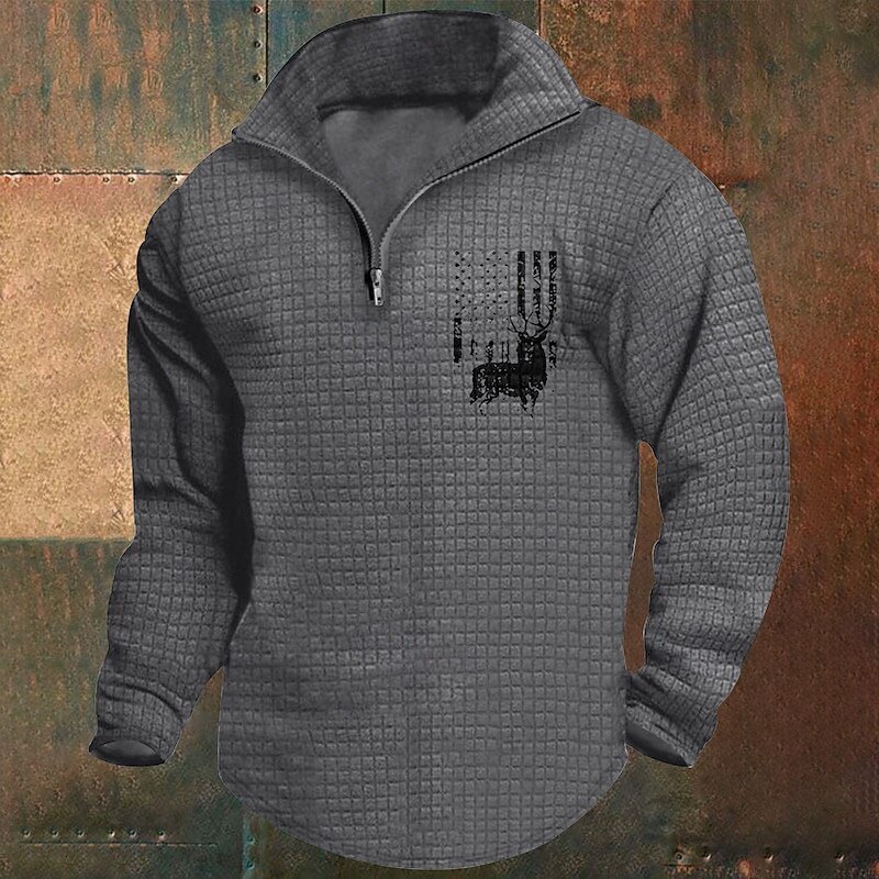 Men's Sweatshirt Waffle Sweatshirt Quarter Zip Sweatshirt White Wine Army Green Khaki Light Grey Half Zip Graphic Print Print Quarter Zip Christmas Daily Holiday Other Prints Polyester Streetwear2