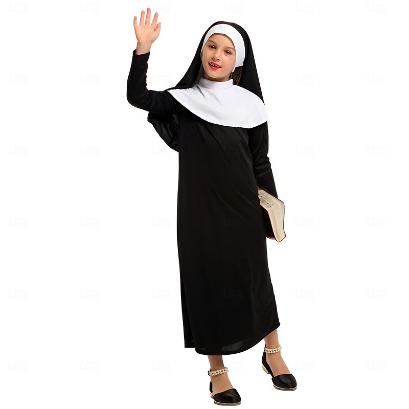 Nun Halloween Dress Headpiece Cosplay Costume Kid's Girls' Carnival Masquerade Performance Easy Halloween Costumes Dress Up2