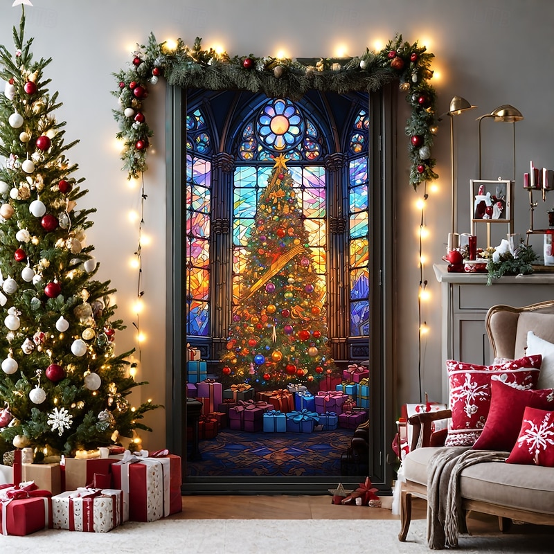 Christmas Door Decorations Door Covers Xmas Tree Stained Glass Door Tapestry Door Curtain Decoration Backdrop Door Banner for Front Door Farmhouse Holiday Party Decor Supplies Indoor/Outdoor2