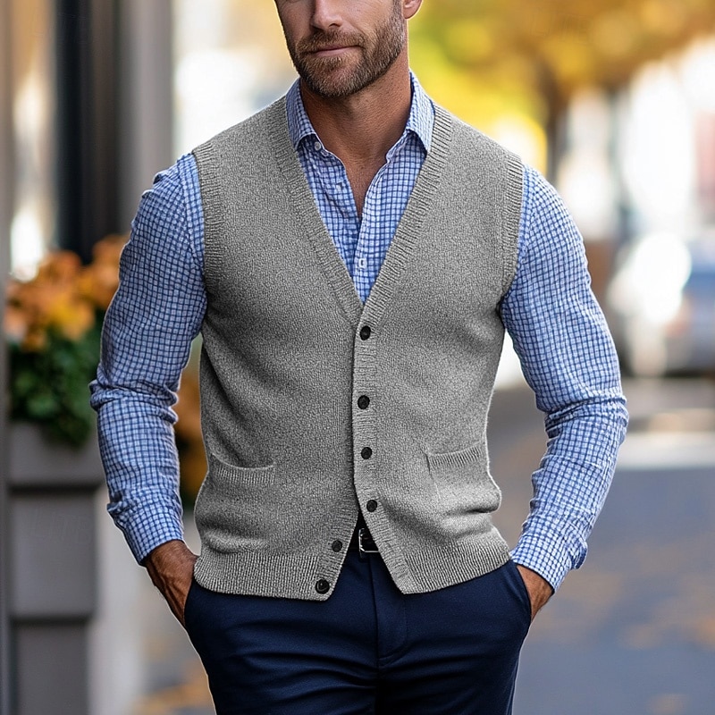 Men's Sweater Vest Cardigan Cropped Knitted Knit Regular Pocket Solid Color V Neck Elegant Vintage Home Work Clothing Apparel Spring Fall Dark Navy Brown M L XL4