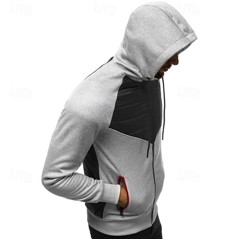 Men's Full Zip Hoodie Zip Up Hoodie Black Dark Gray Gray Hooded Color Block Zip Up Patchwork Pocket Sports & Outdoor Daily Holiday Polyester Streetwear Basic Casual Fall & Winter Clothing Apparel3