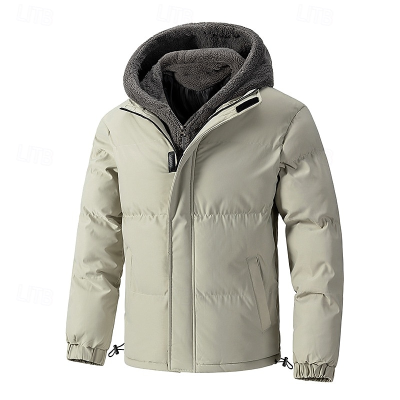 Men's Winter Jacket Puffer Jacket Fleece Jacket Padded 2 in 1 Fake two piece Polyster Hoodie Pocket Outdoor Date Casual Daily Regular Fashion Casual Thermal Warm Windproof Winter Plain Dark Grey2