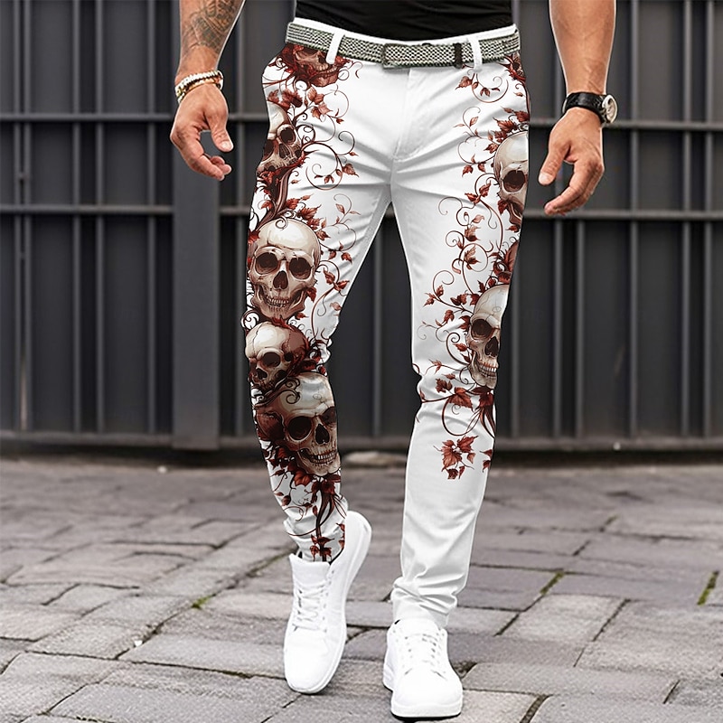 Men's Cool Skulls Dress Pants Mid Waist Casual Vacation Dailywear Zipper Pocket Summer Spring Fall 3D Print White