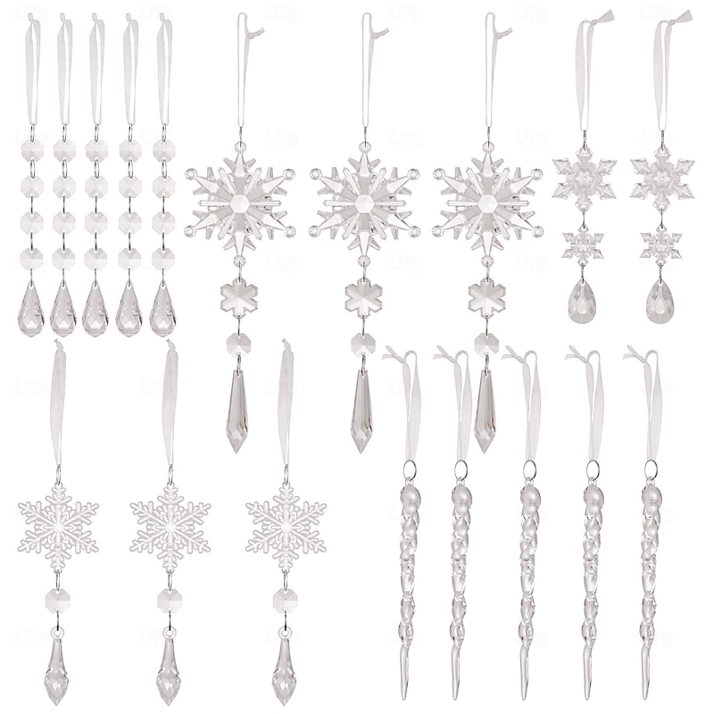 18PCS Christmas Tree Clear Hanging Ornaments, Transparent Acrylic Icicle and Snowflake Xmas Decorations, Holiday Tree Hanging Decor4