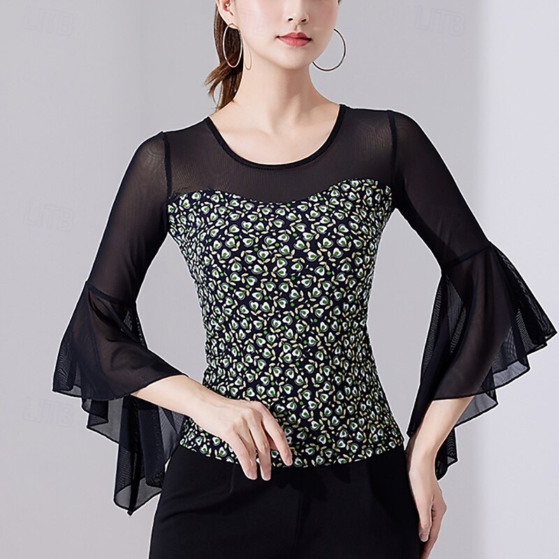 Latin Dance Top Printing Pure Color Splicing Women's Performance Training 3/4 Length Sleeve High Polyester2