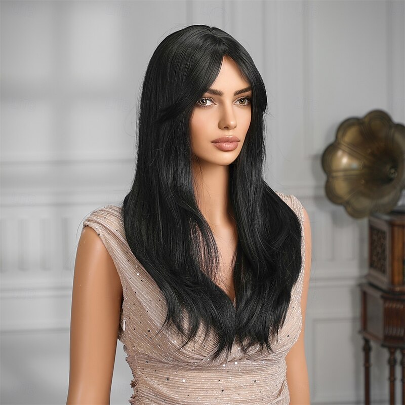 Synthetic Wig Straight kinky Straight Neat Bang With Bangs Machine Made Wig 22 inch Black Synthetic Hair Women's Cute Cosplay Party Natural Black4