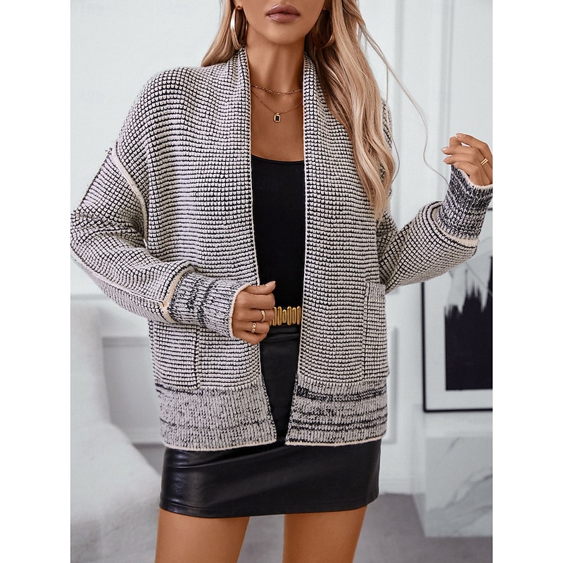 Women's Cardigan Fashion Daily Casual Abstract Waffle Open Front Knitted Long Sleeve Long Tops Knit Work White / Black Fall Winter