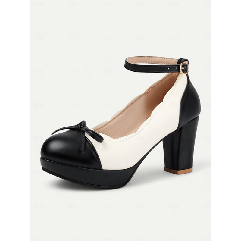Women's Vintage Two-Tone Chunky Heels with Ankle Strap and Bow Detail – Retro Style Shoes for Special Occasions3